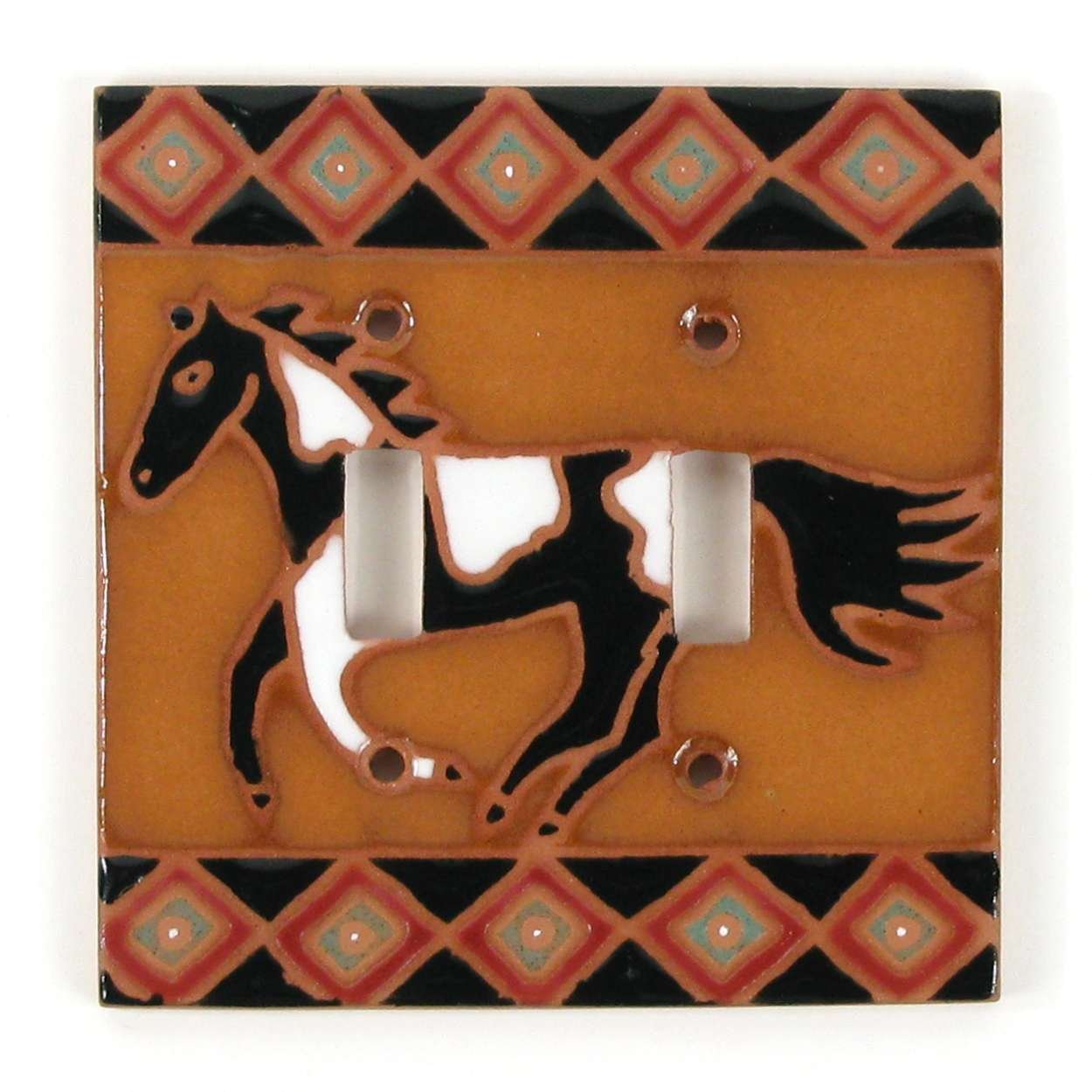 Terra Cotta Double Toggle Switch Plate - Black and White Horse