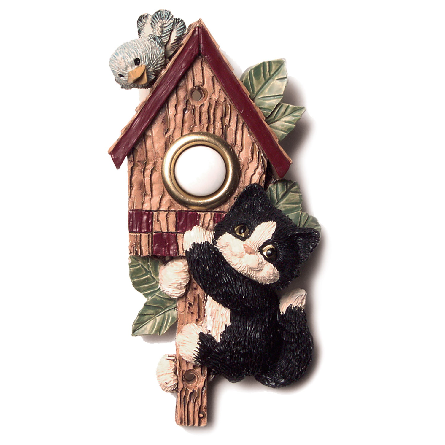 131007 - Vicki Lane Black and White Cat Raiding Birdhouse Lighted Button Doorbell