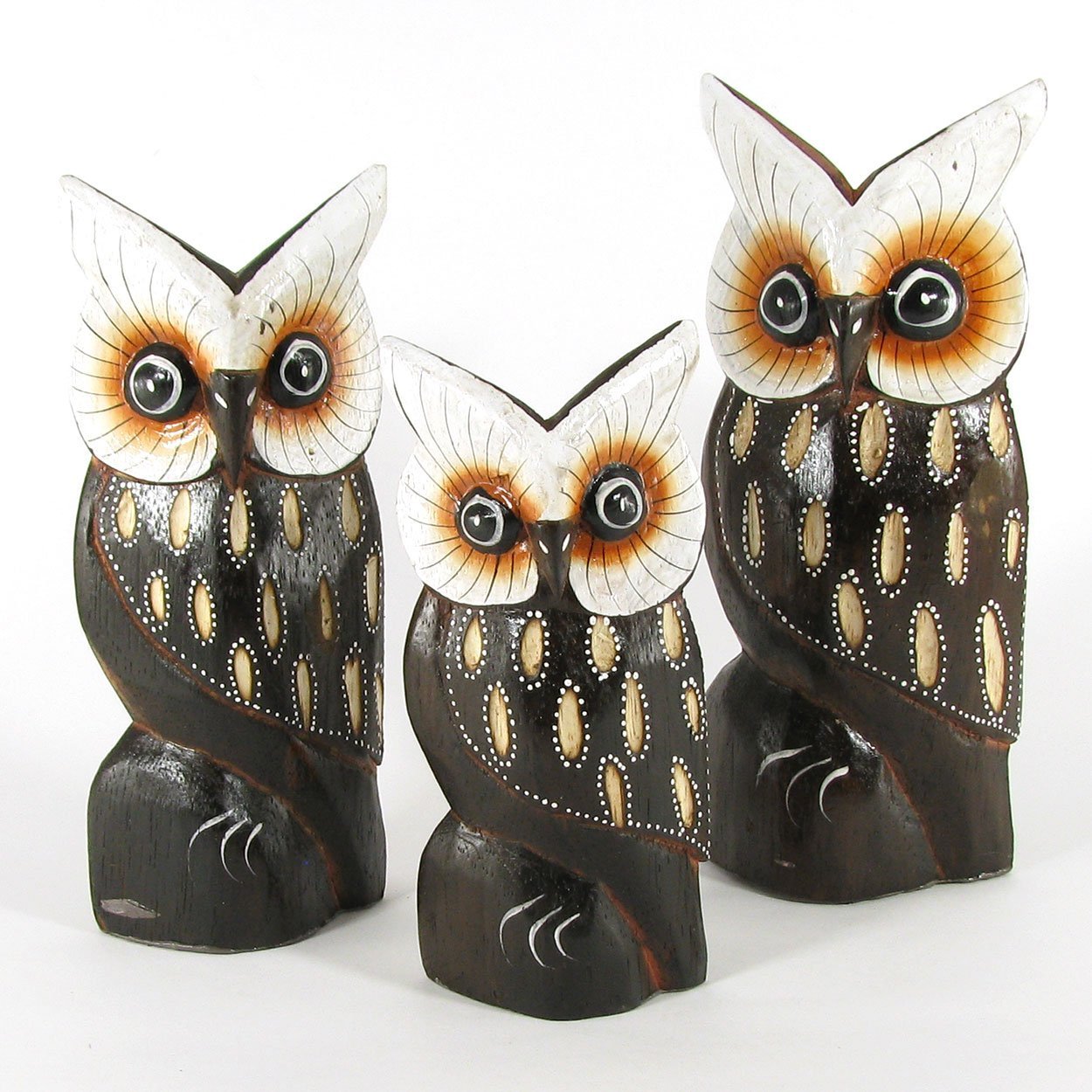 140038 - Set of Three 4-8in Wooden Owls - Pointy White