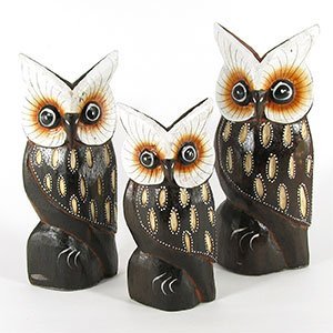 140038 - Set of Three 4-8in Owls Painted Rustic Wood Folk Art Carvings - Pointy White