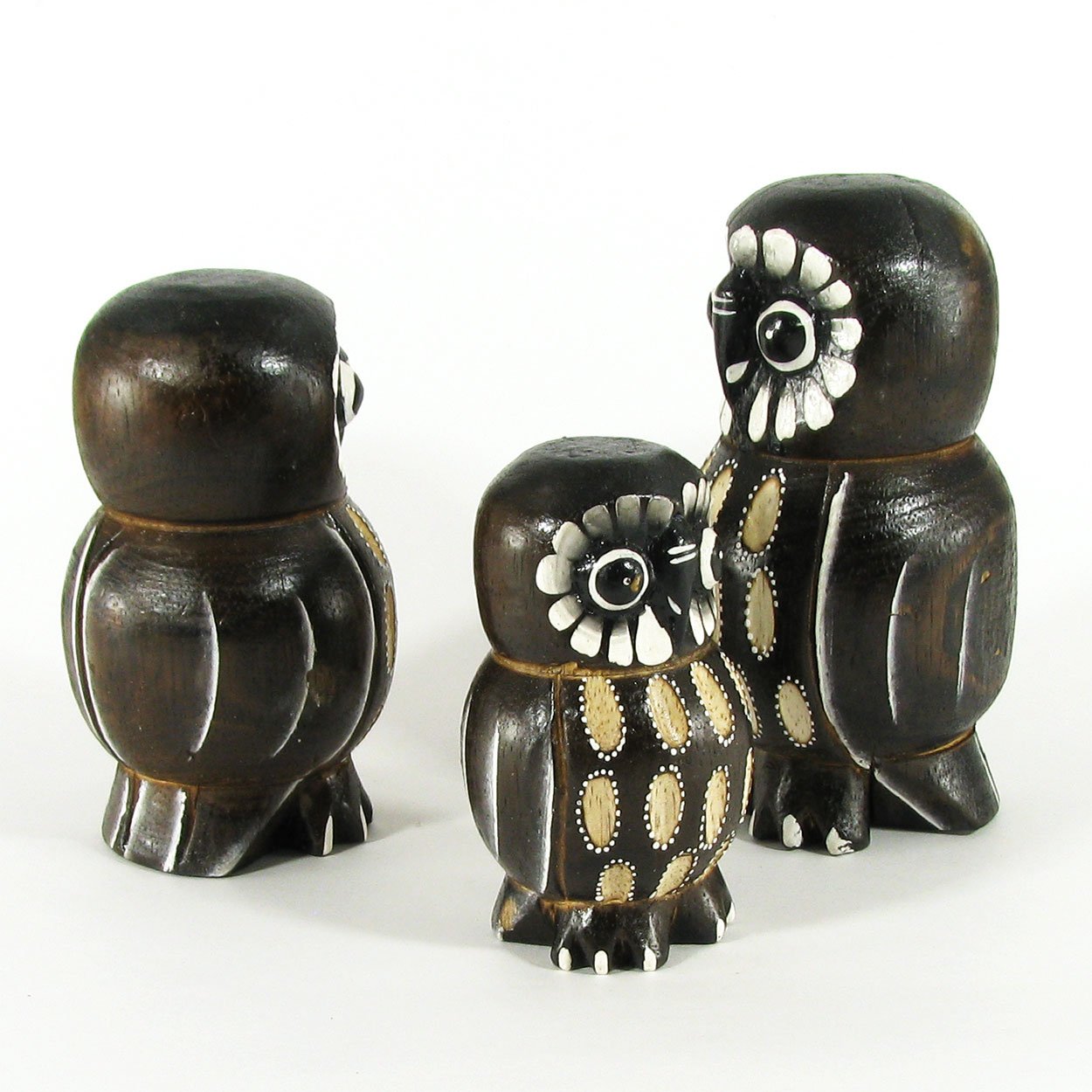 140039 - Set of Three 4-6in Owls Painted Rustic Wood Folk Art Carvings - Etched Ovals