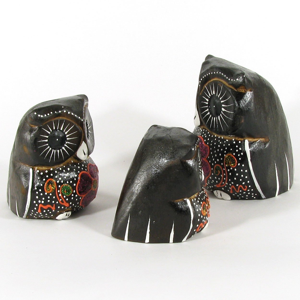140040 - Set of Three 2-4in Owls Painted Rustic Wood Folk Art Carvings - Purple Flowers