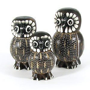 140041 - Set of Three 4-6in Owls Painted Rustic Wood Folk Art Carvings - Dots and Slots