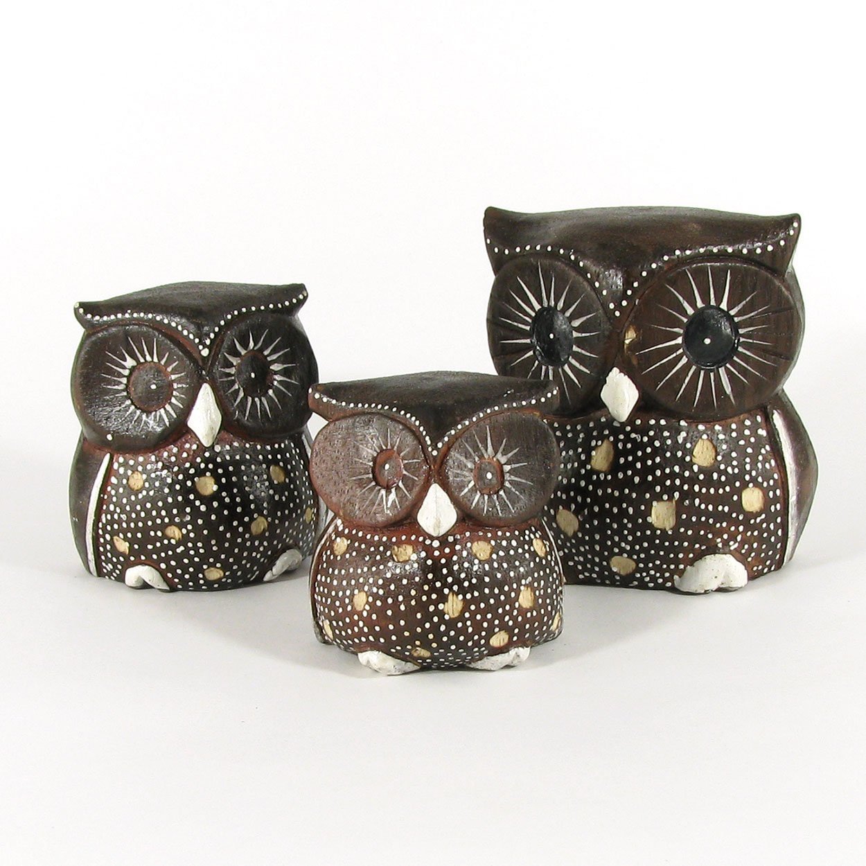140042 - Set of Three 2-4in Wooden Owls - Etched Dots