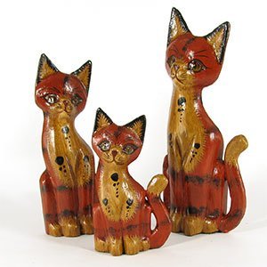 140043 - Set of Three 6-10in Cats Painted Rustic Wood Folk Art Carvings - Red