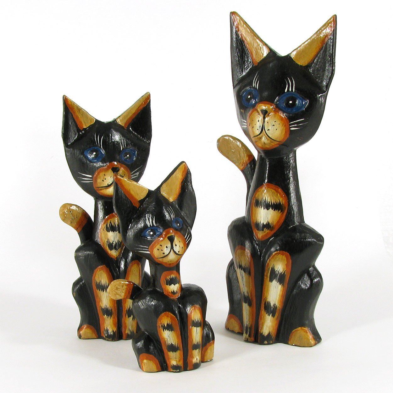 140044 - Set of Three 6-10in Wooden Cats - Black and Gold