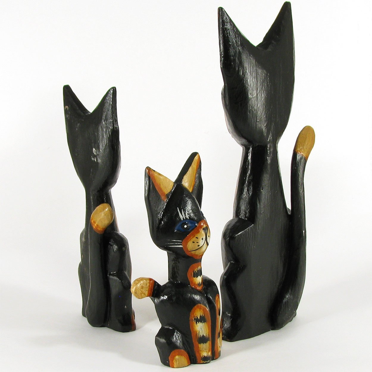 140044 - Set of Three 6-10in Cats Painted Rustic Wood Folk Art Carvings - Black and Gold
