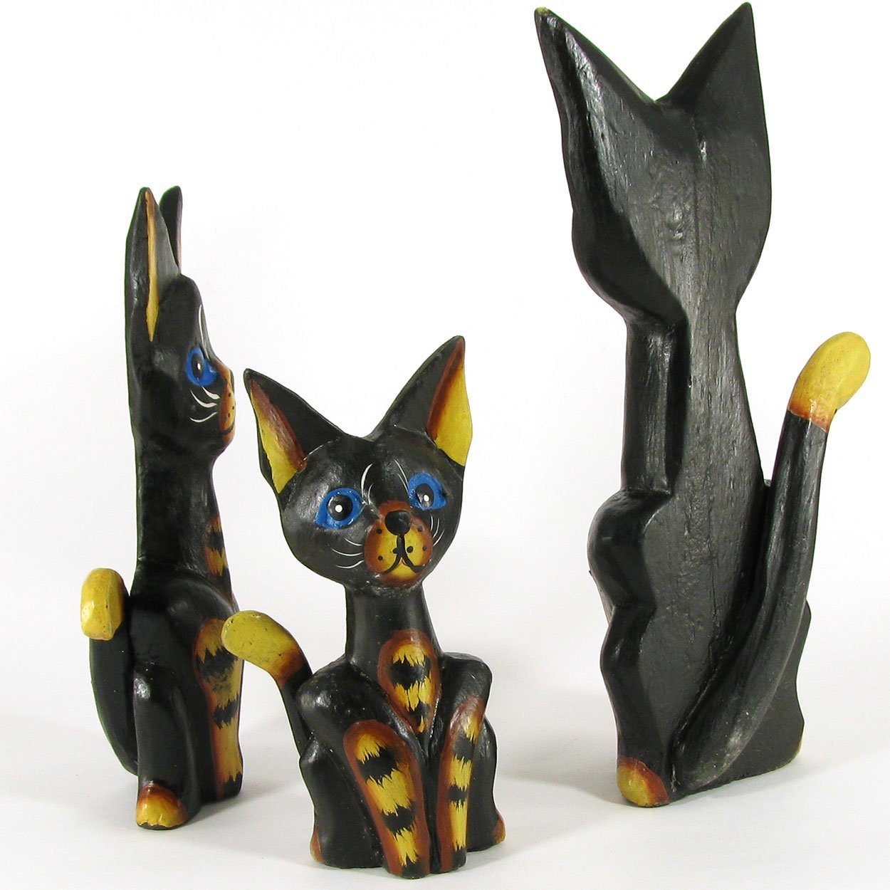 140045 - Set of Three 6-10in Cats Painted Rustic Wood Folk Art Carvings - Black and Amber