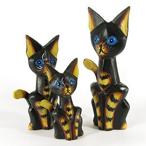 140045 - Set of Three 6-10in Cats Painted Rustic Wood Folk Art Carvings - Black and Amber