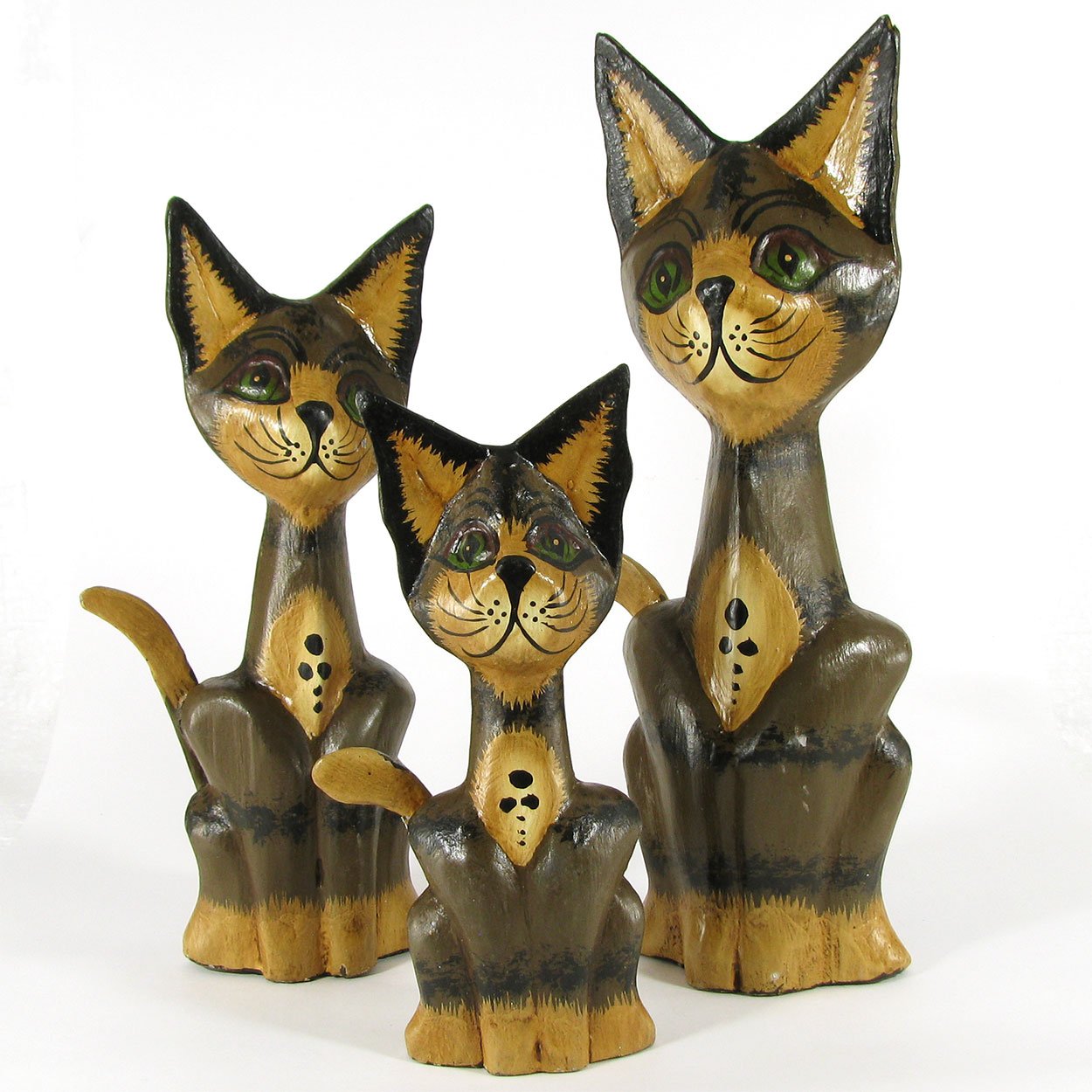 140046 - Set of Three 8-12in Wooden Cats - Brown