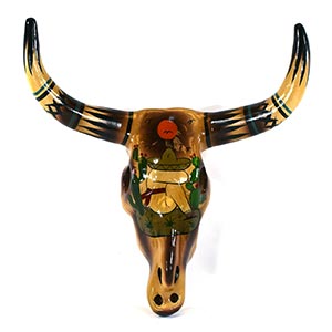 161099 - 16in Painted Ceramic Steer Skull Pancho Scene 161099