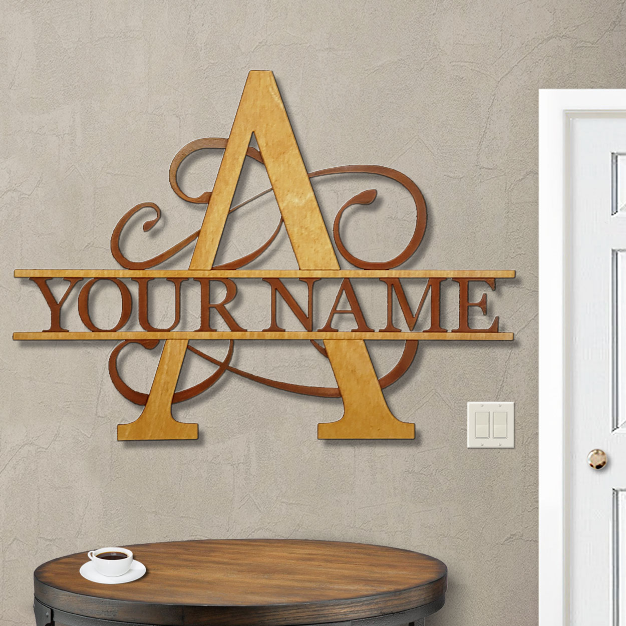 16201 - A Gold on Rust Monogrammed Letter Wood and Metal Wall Art - Choose 11.5 to 35.5in