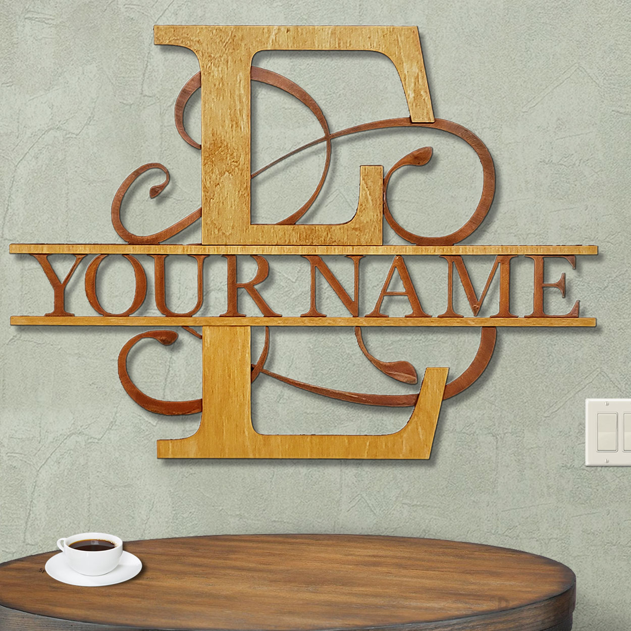 16205 - E Gold on Rust Monogrammed Letter Wood and Metal Wall Art - Choose 11.5 to 35.5in