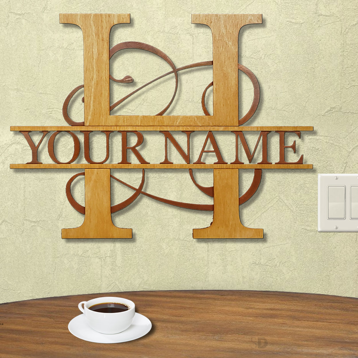 16208 - H Gold on Rust Monogrammed Letter Wood and Metal Wall Art - Choose 11.5 to 35.5in