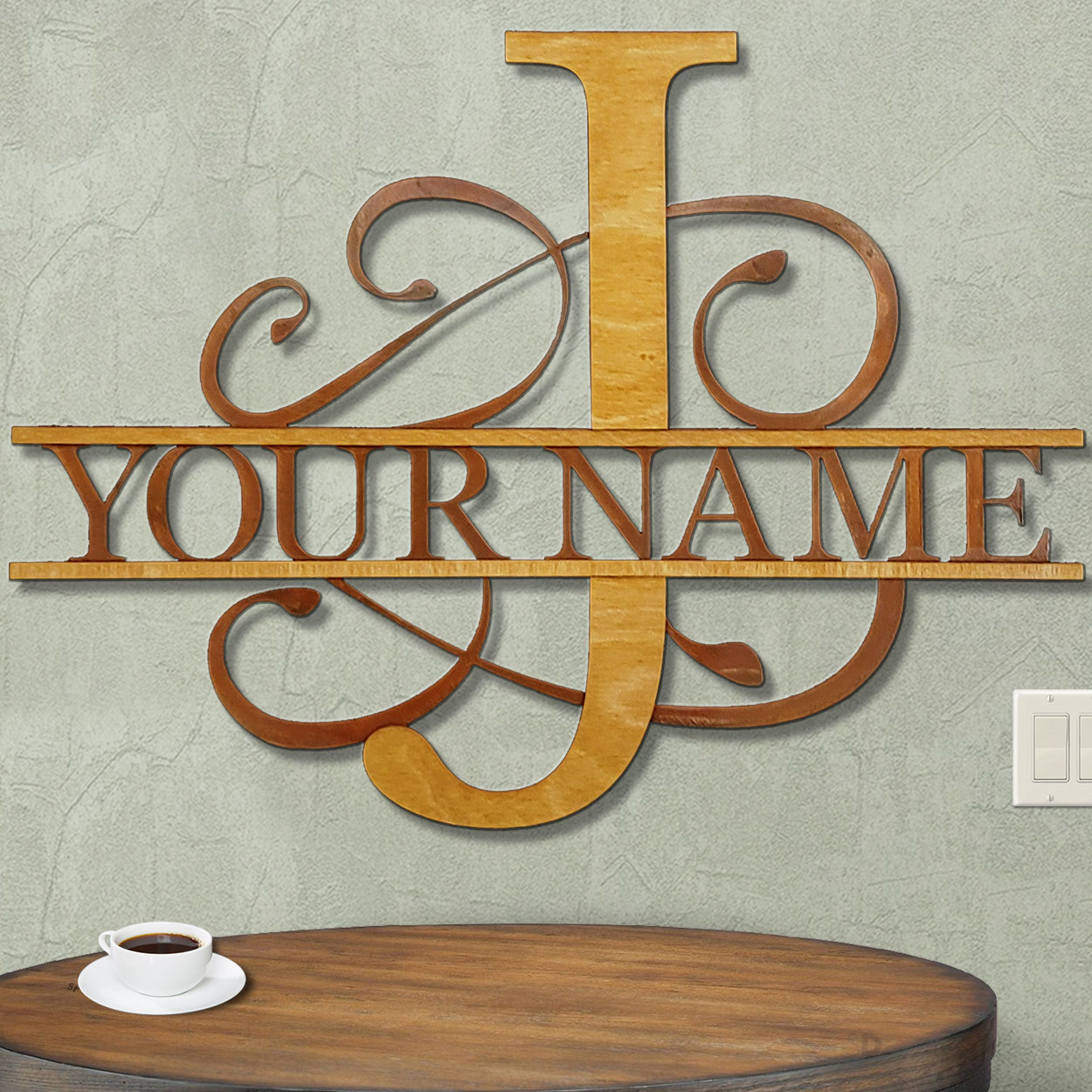 16210 - J Gold on Rust Monogrammed Letter Wood and Metal Wall Art - Choose 11.5 to 35.5in