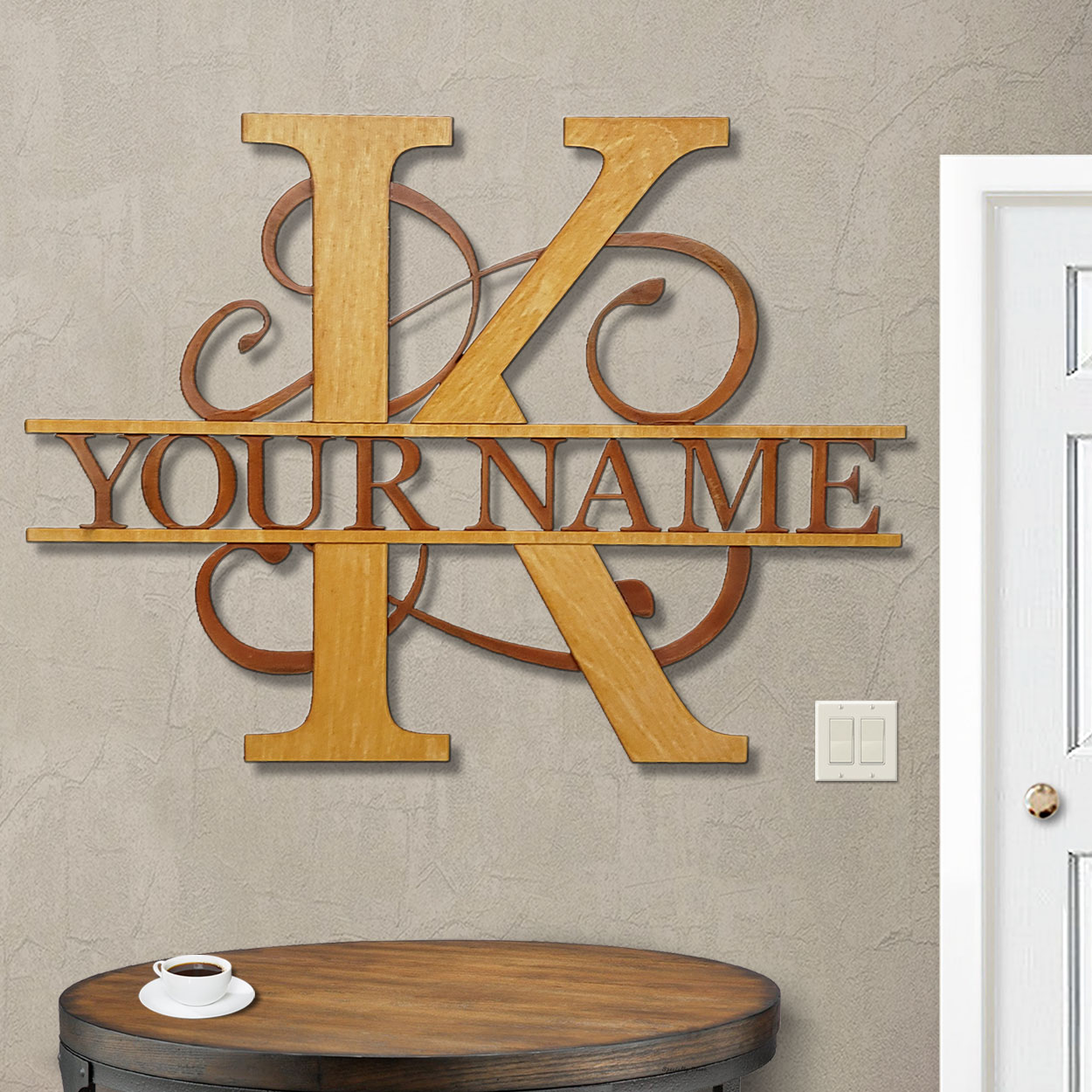 16211 - K Gold on Rust Monogrammed Letter Wood and Metal Wall Art - Choose 11.5 to 35.5in