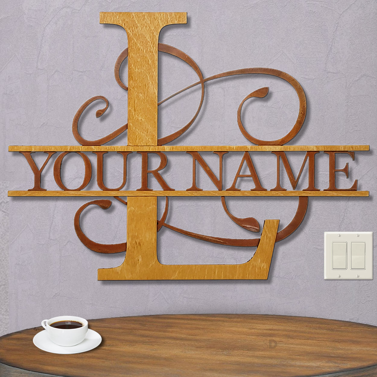 16212 - L Gold on Rust Monogrammed Letter Wood and Metal Wall Art - Choose 11.5 to 35.5in