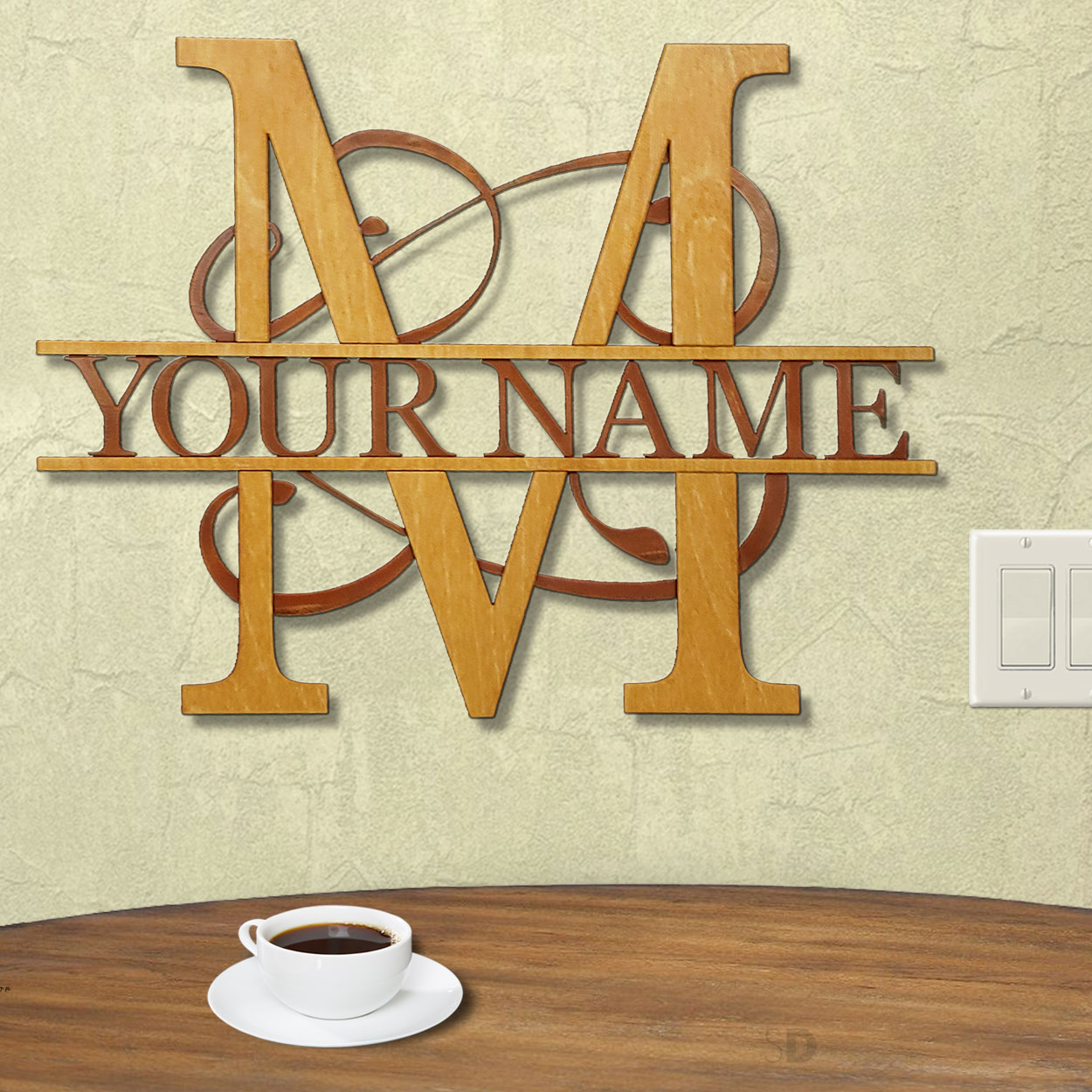 16213 - M Gold on Rust Monogrammed Letter Wood and Metal Wall Art - Choose 11.5 to 35.5in