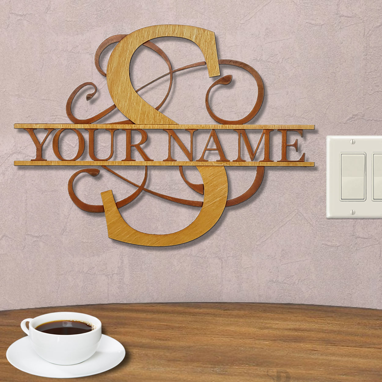 16219 - S Gold on Rust Monogrammed Letter Wood and Metal Wall Art - Choose 11.5 to 35.5in