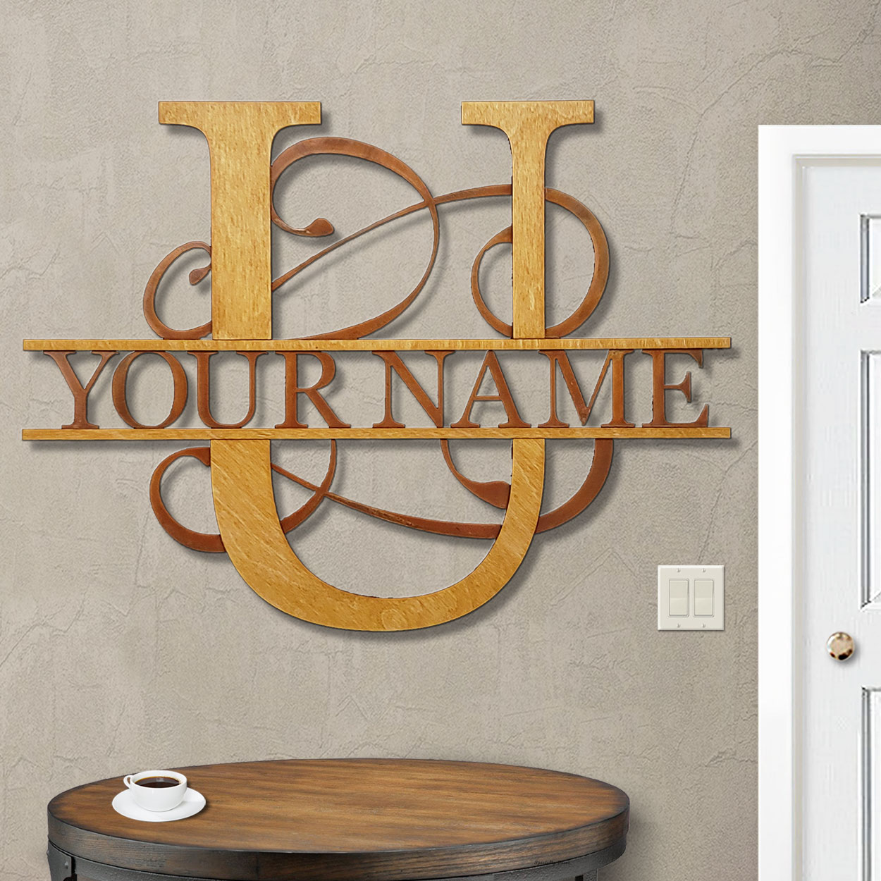 16221 - U Gold on Rust Monogrammed Letter Wood and Metal Wall Art - Choose 11.5 to 35.5in
