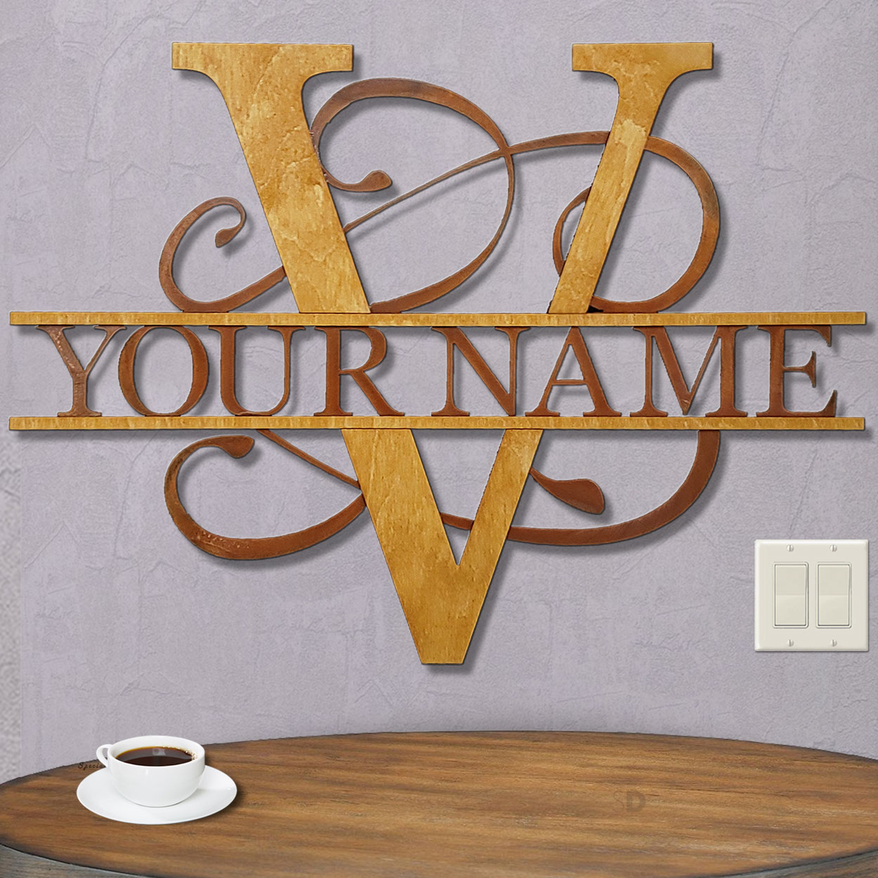 16222 - V Gold on Rust Monogrammed Letter Wood and Metal Wall Art - Choose 11.5 to 35.5in