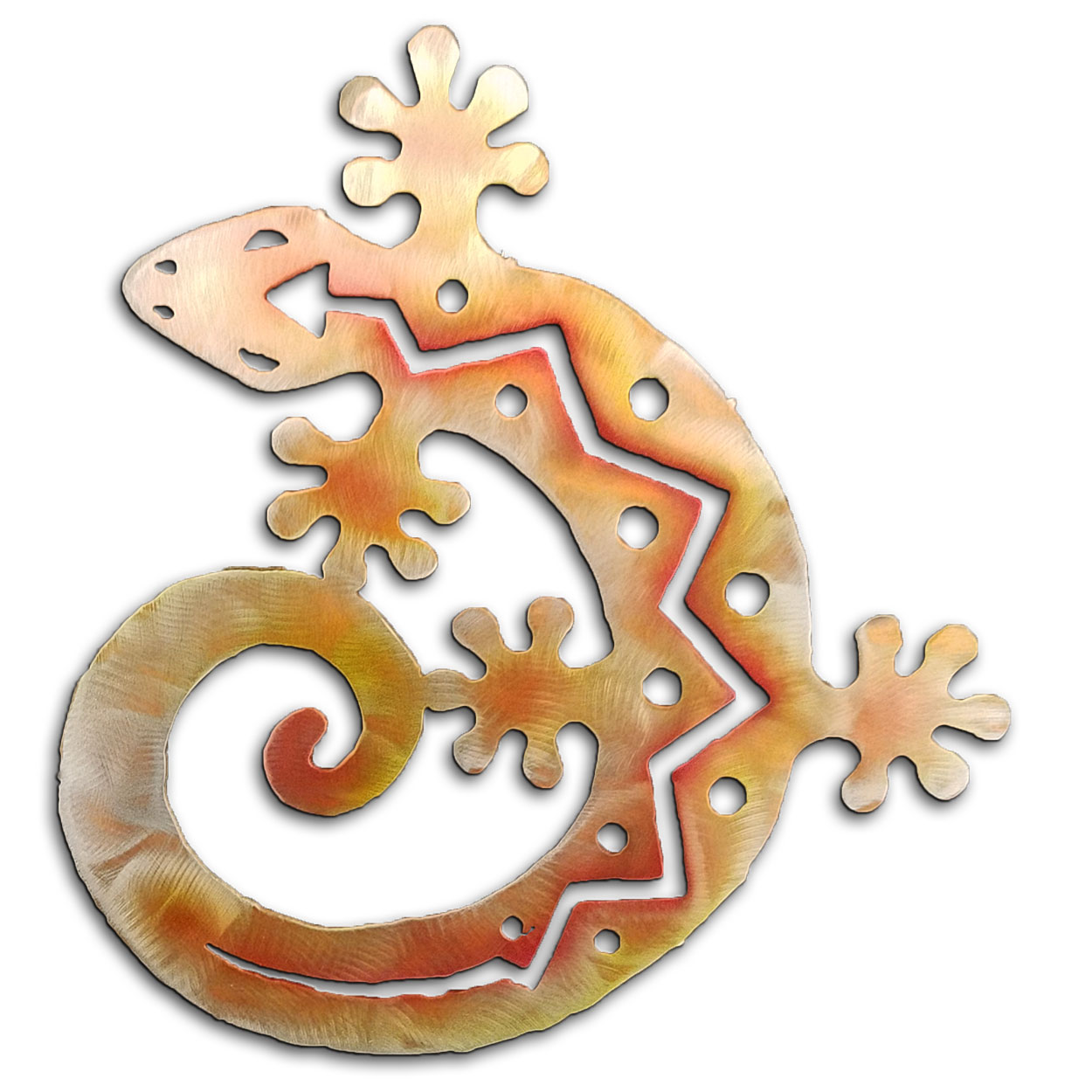 165021 - 12-inch small C-Shaped Gecko 3D Metal Wall Art in a vibrant sunset swirl finish