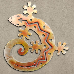 165023 - 24-inch large C-Shaped Gecko 3D Metal Wall Art in a vibrant sunset swirl finish