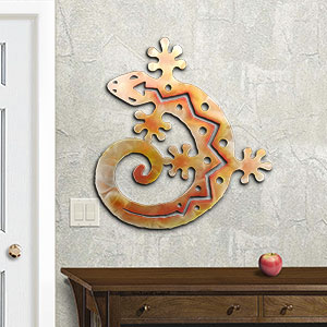165024 - 30-inch extra large C-Shaped Gecko 3D Metal Wall Art in a vibrant sunset swirl finish