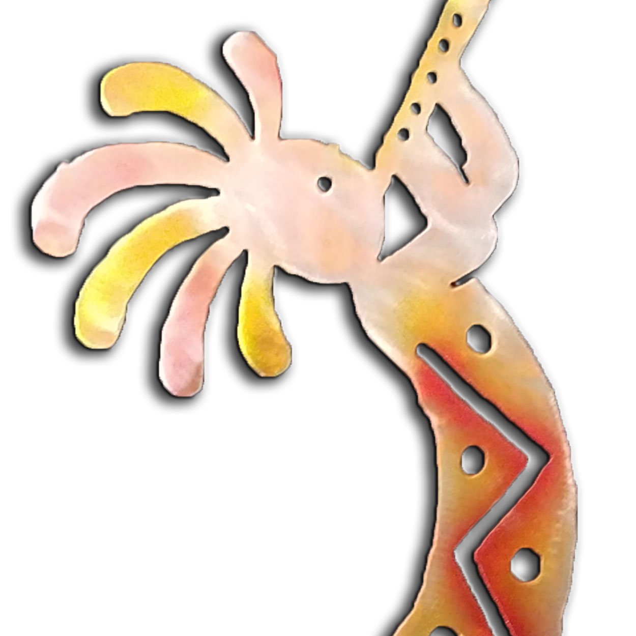 165052 - 18-inch medium Kokopelli Trumpeter Facing Right 3D Metal Wall Art in a vibrant sunset swirl finish