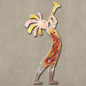 165053 - 24-inch large Kokopelli Trumpeter Facing Right 3D Metal Wall Art in a vibrant sunset swirl finish