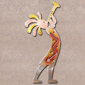 165054 - 30-inch extra large Kokopelli Trumpeter Facing Right 3D Metal Wall Art in a vibrant sunset swirl finish