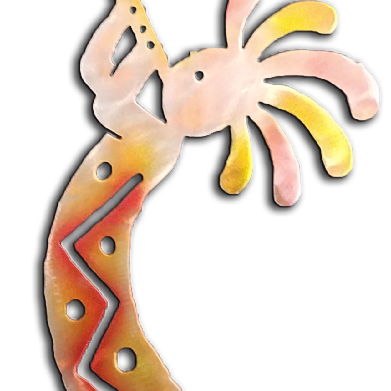 165061 - 12-inch small Kokopelli Trumpeter Facing Left 3D Metal Wall Art in a vibrant sunset swirl finish