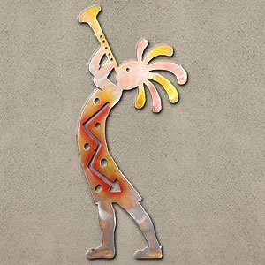 165063 - 24-inch large Kokopelli Trumpeter Facing Left 3D Metal Wall Art in a vibrant sunset swirl finish