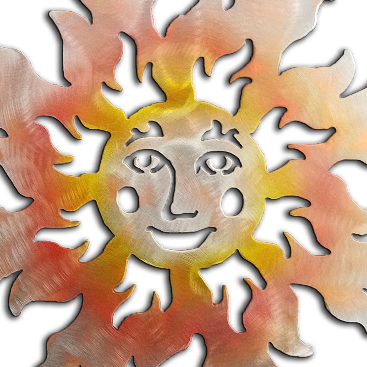 165071 - 12-inch small Smiling Sun Face 3D Metal Wall Art in a vibrant sunset swirl finish
