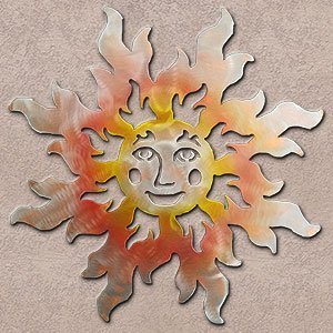 165074 - 30-inch extra large Smiling Sun Face 3D Metal Wall Art in a vibrant sunset swirl finish