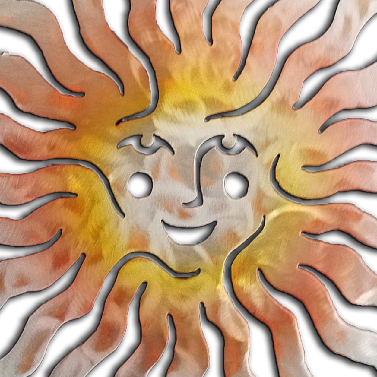 165083 - 24-inch large Sprite Sun Face 3D Metal Wall Art in a vibrant sunset swirl finish
