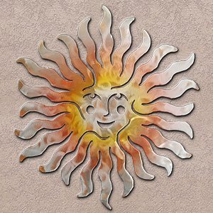 165084 - 30-inch extra large Sprite Sun Face 3D Metal Wall Art in a vibrant sunset swirl finish