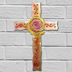 165091 - 12-inch small Spiral Cross 3D Metal Wall Art in a vibrant sunset swirl finish