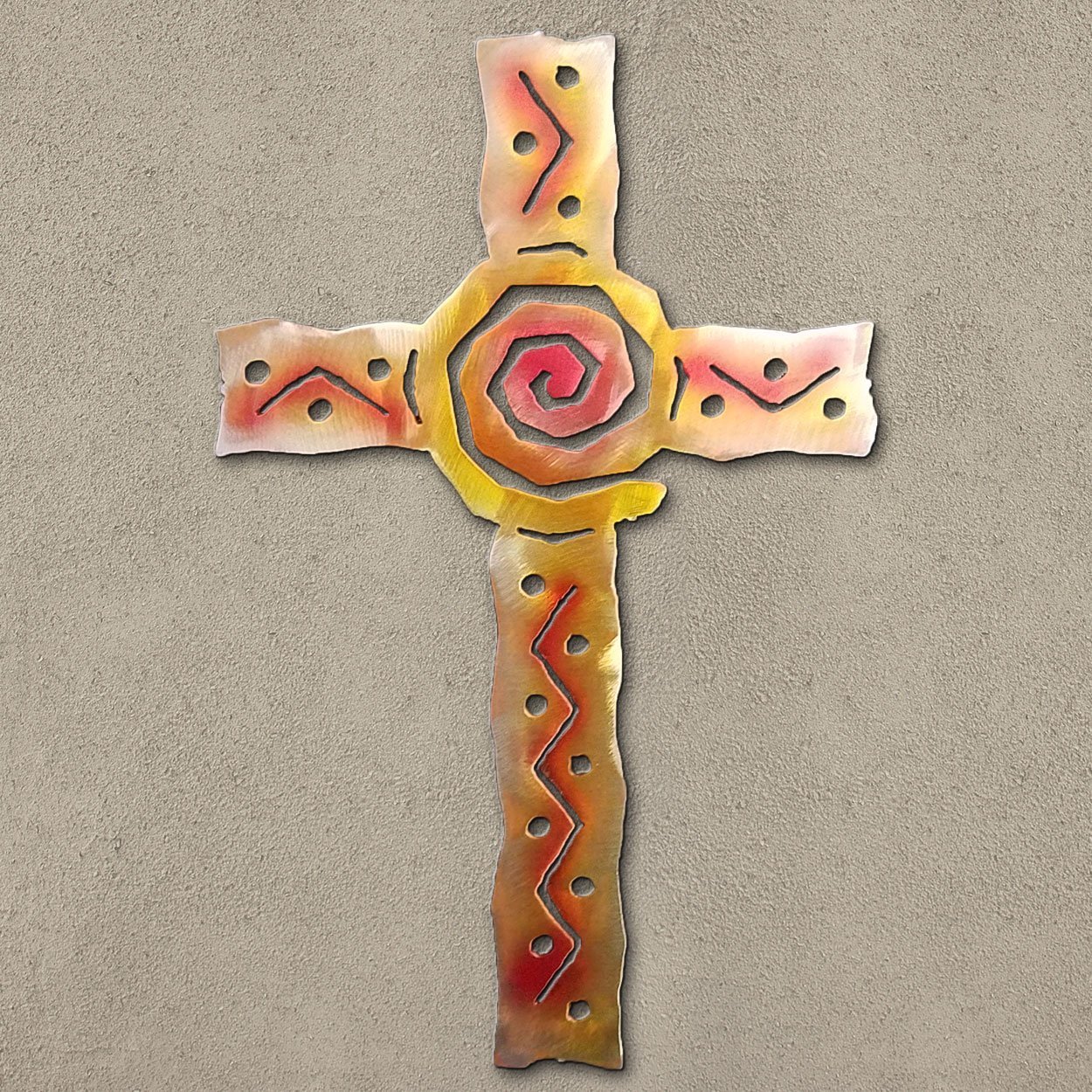 165093 - 24in Spiral Cross 3D Southwest Metal Wall Art in Sunset Finish