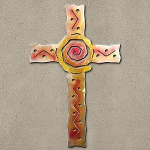 165093 - 24-inch large Spiral Cross 3D Metal Wall Art in a vibrant sunset swirl finish