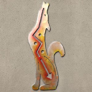 165143 - 24-inch large Howling Coyote Facing Left 3D Metal Wall Art in a vibrant sunset swirl finish