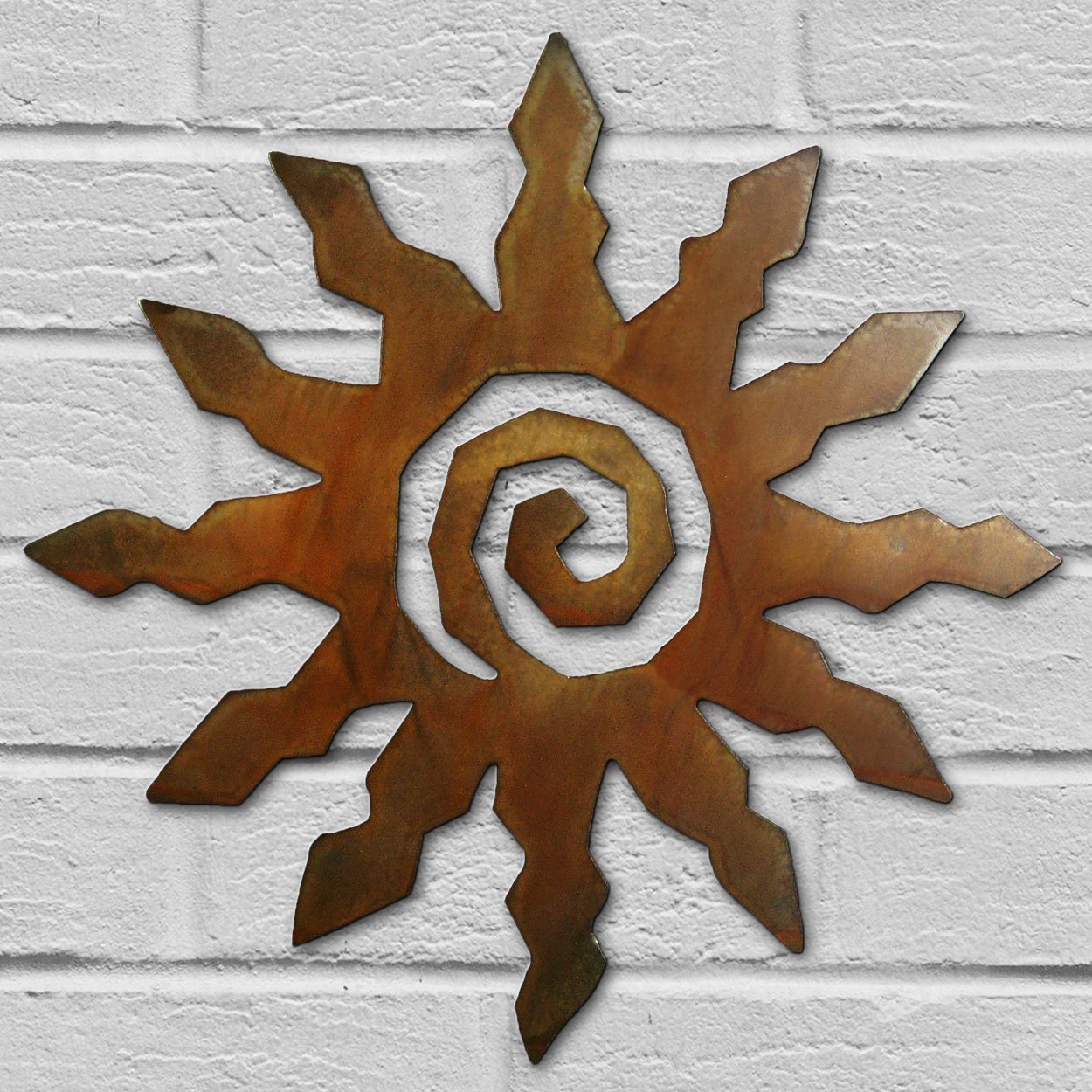 165151 - 12in 12-Ray Spiral Sun 3D Southwest Metal Wall Art in Rust Finish