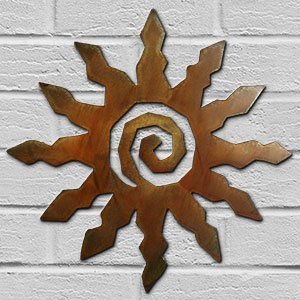 165151 - 12-inch small 12-Point Spiral Sunburst 3D Metal Wall Art in a rich rust finish