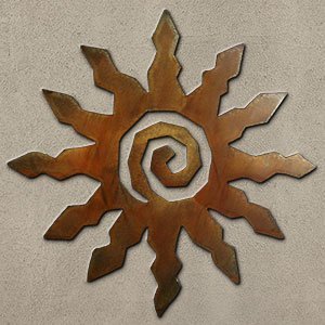 165153 - 24-inch large 12-Point Spiral Sunburst 3D Metal Wall Art in a rich rust finish