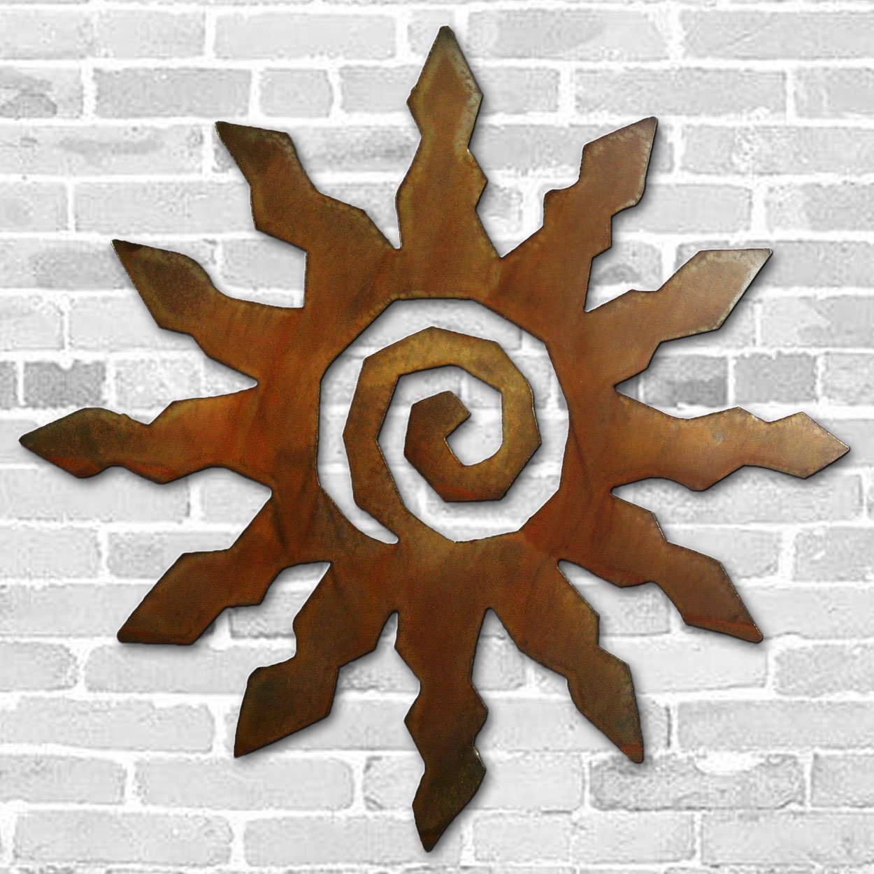 165155 - 36in Jumbo 12-Ray Spiral Sun Crooks Designs Floating Metal Wall Art in Rust Finish