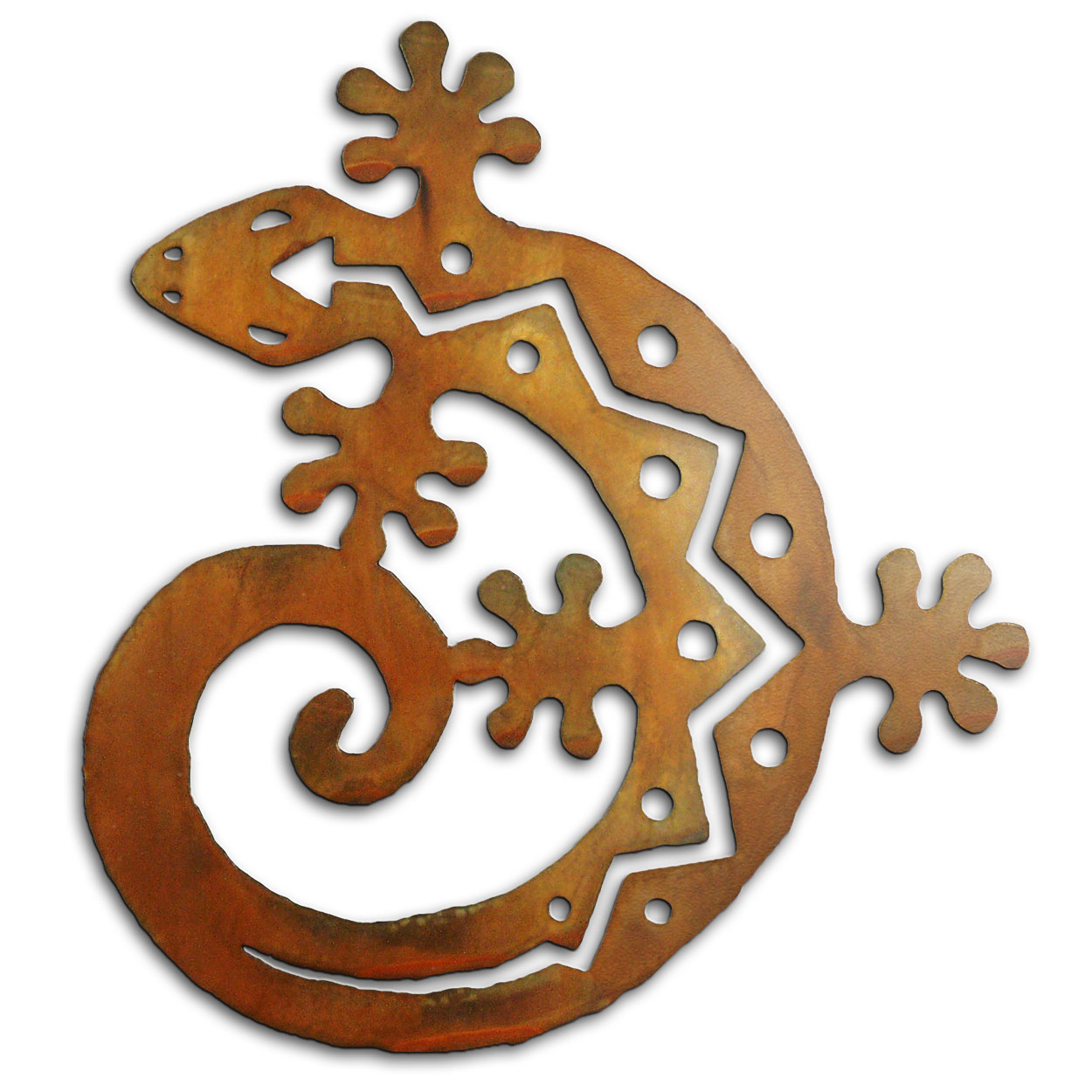 165174 - 30-inch extra large C-Shaped Gecko 3D Metal Wall Art in a rich rust finish