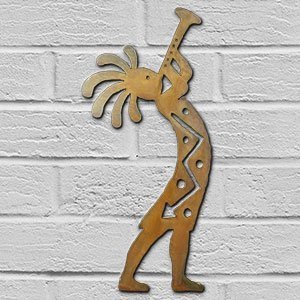 165201 - 12-inch small Kokopelli Trumpeter Facing Right 3D Metal Wall Art in a rich rust finish