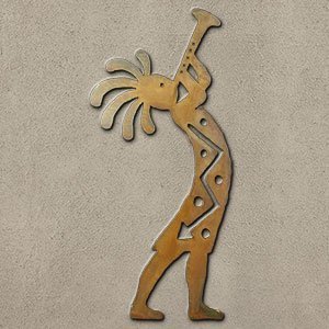 165203 - 24-inch large Kokopelli Trumpeter Facing Right 3D Metal Wall Art in a rich rust finish