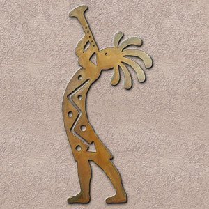 165214 - 30-inch extra large Kokopelli Trumpeter Facing Left 3D Metal Wall Art in a rich rust finish