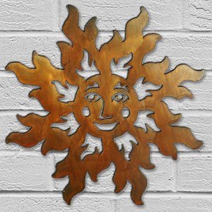 165221 - 12-inch small Smiling Sun Face 3D Metal Wall Art in a rich rust finish